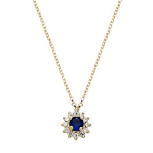 Κολιέ σε κίτρινο χρυσό Κ14 ροζέτα με λευκά και μπλέ ζιργόν