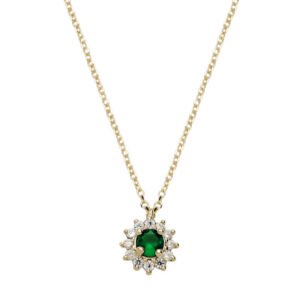 Κολιέ σε κίτρινο χρυσό Κ14 ροζέτα με λευκά και πράσινο ζιργόν