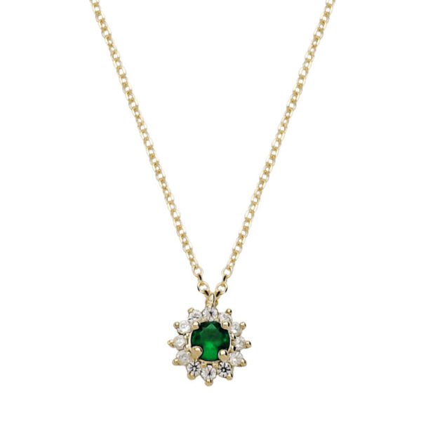 Κολιέ σε κίτρινο χρυσό Κ14 ροζέτα με λευκά και πράσινο ζιργόν