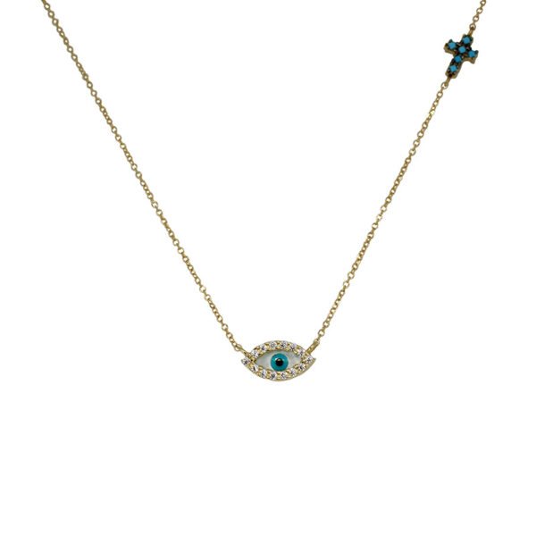 Κολιέ με σταυρό και ματάκι σε κίτρινο χρυσό 9Κ