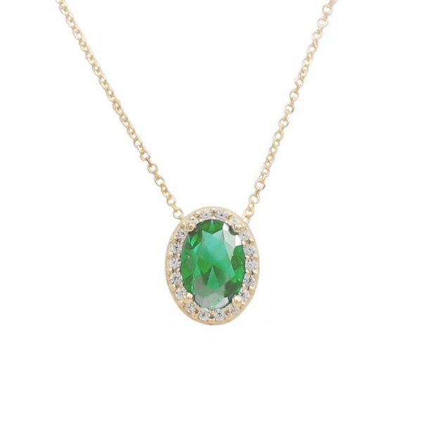 Κολιέ χρυσό Κ14 με ροζέτα οβάλ με λευκά και πράσινο ζιργκόν