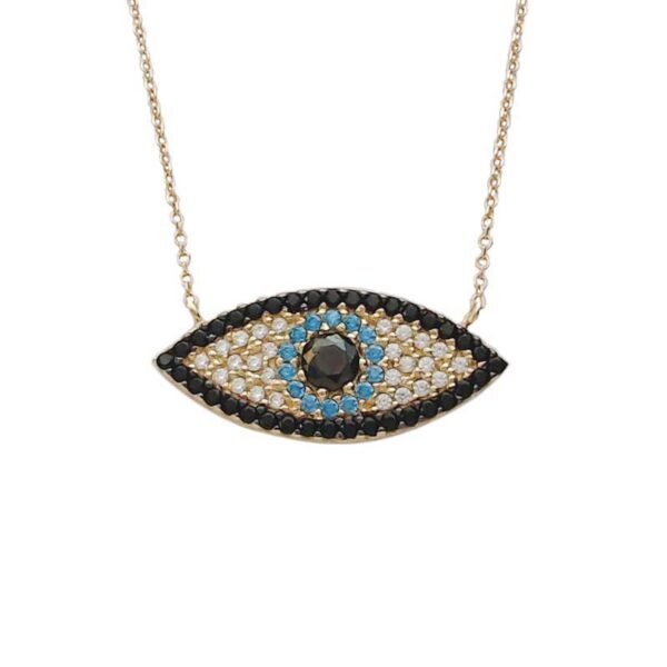Κολιέ χρυσό Κ14 μάτι μεγάλο με Λευκά, μαύρα ζιργκόν και aqua marine