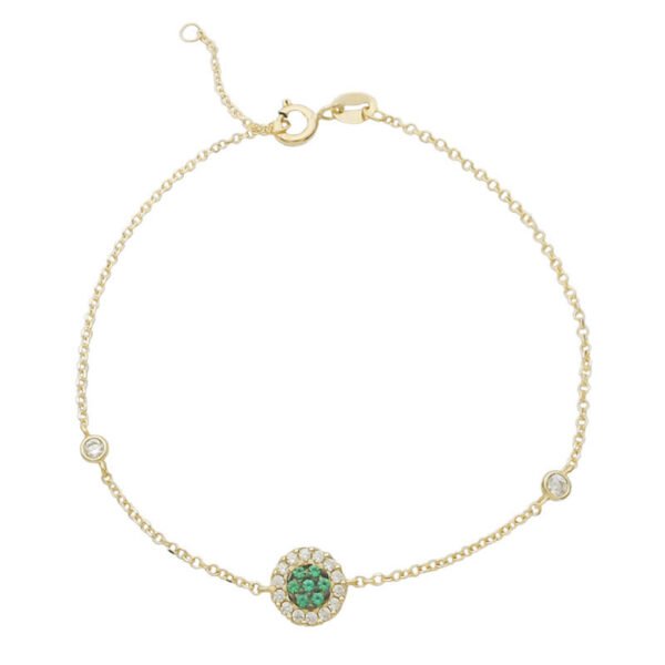 Χρυσό βραχιόλι Κ14 ροζέτα με πράσινο και λευκά ζιργκόν