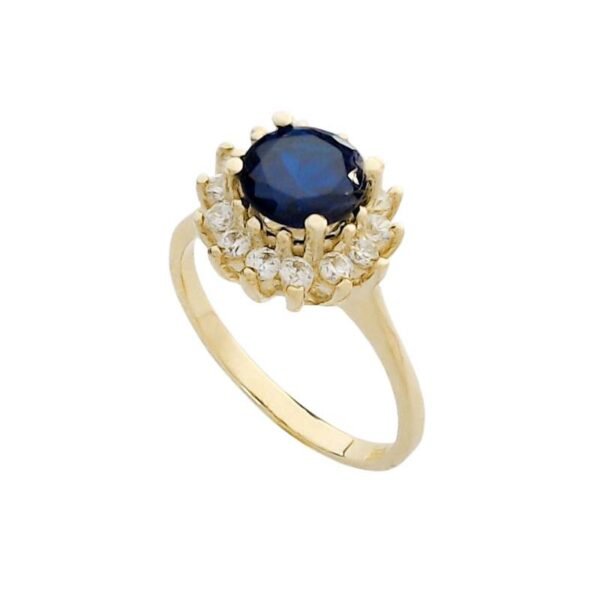 Χρυσό δαχτυλίδι Ροζέτα Κ 14 ροζέτα στρόγγυλη μπλέ με λευκά ζιργκόν