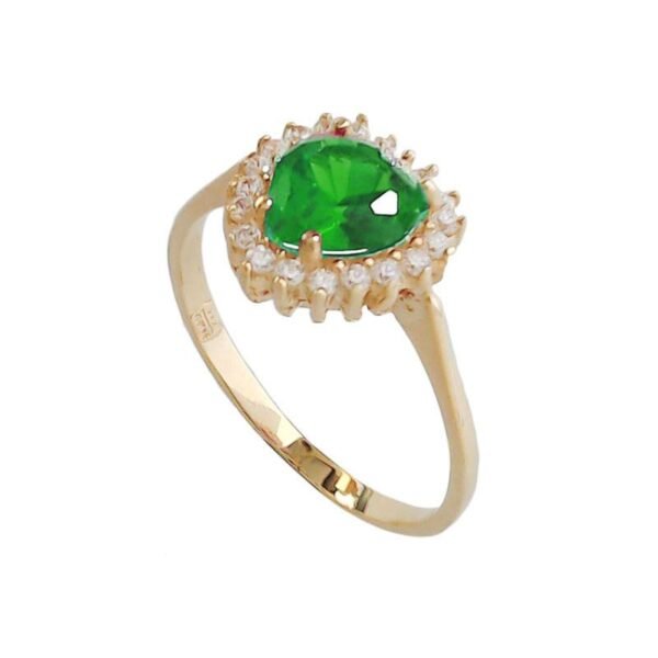 Χρυσό δαχτυλίδι Ροζέτα Κ 14 ροζέτα καρδιά πράσινη με λευκά ζιργκόν