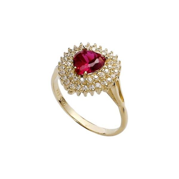 Χρυσό δαχτυλίδι Ροζέτα Κ 14 ροζέτα καρδιά κόκκινη με λευκά ζιργκόν