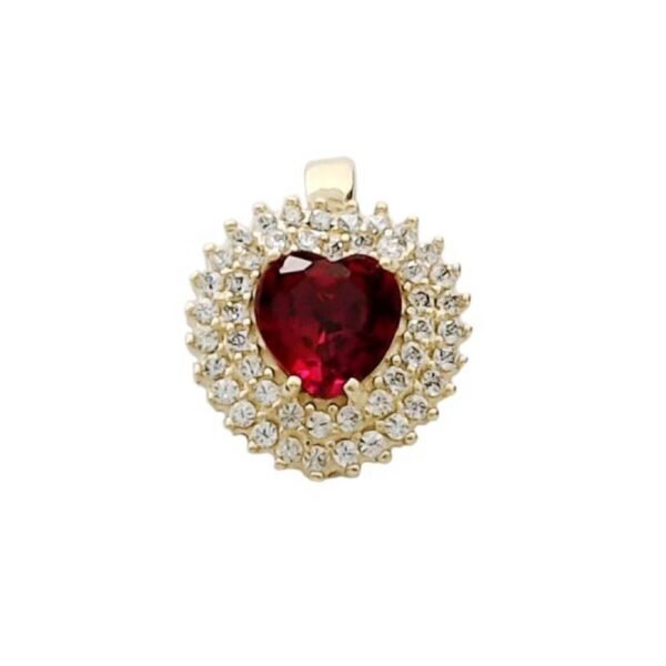 Μενταγιόν χρυσό Κ14, ροζέτα καρδιά κόκκινη με λευκά ζιργκόν