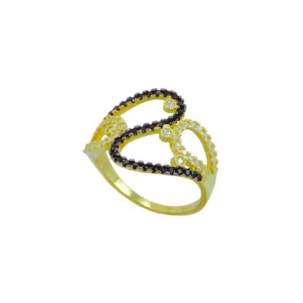 Μοντέρνο γυναικείο δακτυλίδι από κίτρινο χρυσό Κ14 με λευκά και μαύρα ζιργκόν.