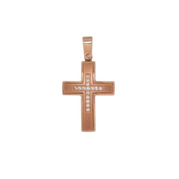 Βαπτιστικός Σταυρός γυναικείος σε ροζ χρυσό Κ14 με λευκά ζιργκόν