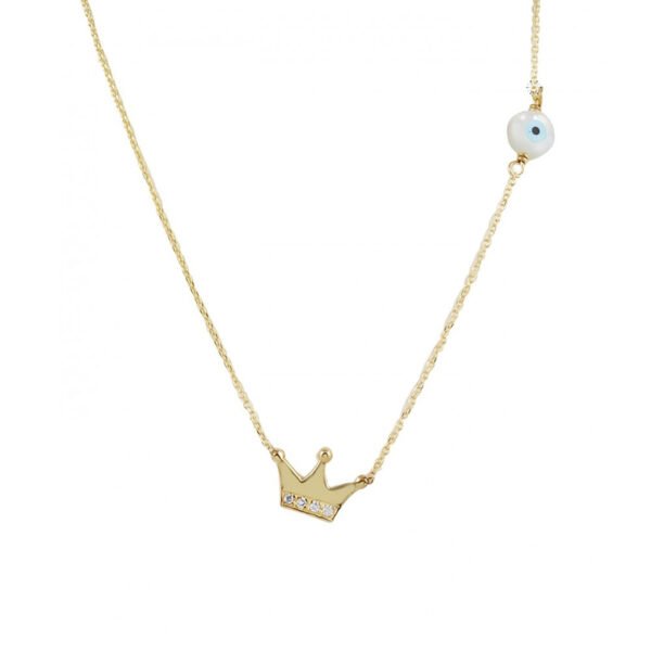 Κολιέ χρυσό Κ14 "Κορώνα-Ματάκι" με λευκά ζιργκόν