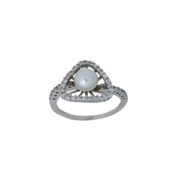 Γυναικείο Δαχτυλίδι 14Κ λευκός Χρυσός με μαργαριτάρι και λευκά ζιργκόν