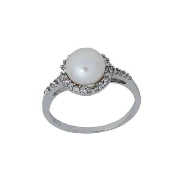 Γυναικείο Δαχτυλίδι 14Κ λευκό Χρυσό με μαργαριτάρι και λευκά ζιργκόν