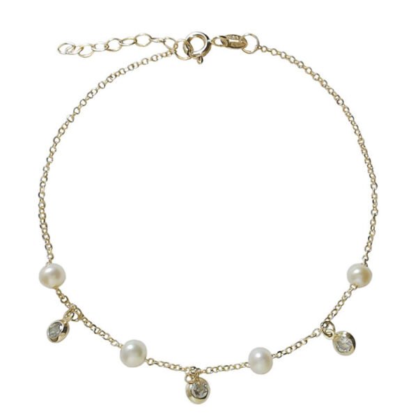 Χρυσό βραχιόλι Κ14 με μικρά μαργαριτάρια και λευκά μονοπετράκια