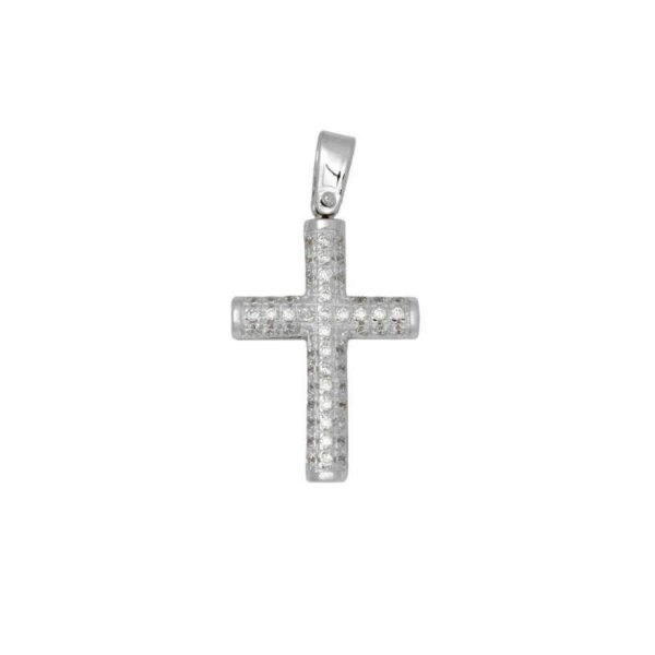 GK01520014 Βαπτιστικός Σταυρός γυναικείος σωληνωτός σε λευκό χρυσό K14 με λευκά ζιργκόν