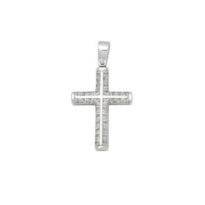 GK01520015 Βαπτιστικός Σταυρός γυναικείος σωληνωτός σε λευκό χρυσό K14 με λευκά ζιργκόν