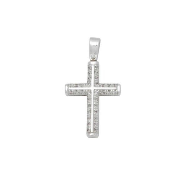 GK01520015 Βαπτιστικός Σταυρός γυναικείος σωληνωτός σε λευκό χρυσό K14 με λευκά ζιργκόν