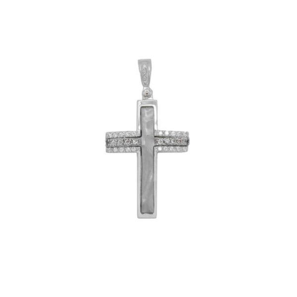 GK01520021 Βαπτιστικός Σταυρός γυναικείος ματ αμμοβολή σε λευκό χρυσό K14 με λευκά ζιργκόν