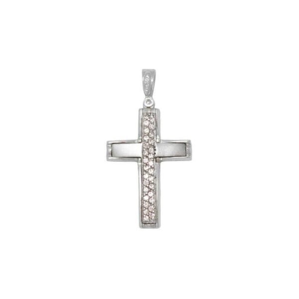 Βαπτιστικός Σταυρός γυναικείος σε λευκό χρυσό με λευκά ζιργκόν