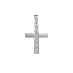 Βαπτιστικός Σταυρός γυναικείος ματ σε λευκό χρυσό K14 με λευκά ζιργκόν