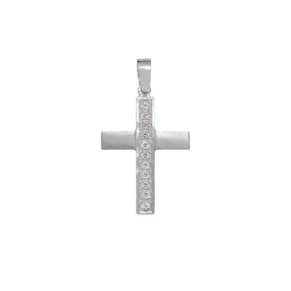 GK06520032 Βαπτιστικός Σταυρός γυναικείος ματ σε λευκό χρυσό K14 με λευκά ζιργκόν
