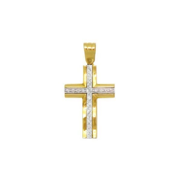 Βαπτιστικός Σταυρός δίχρωμος γυναικείος σε κίτρινο και λευκό χρυσό με λευκά ζιργκόν