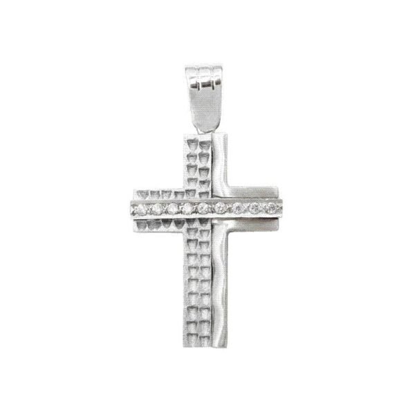 Βαπτιστικός δίχρωμος Σταυρός διπλής όψης γυναικείος σε λευκό χρυσό Κ14 με ζιργκόν