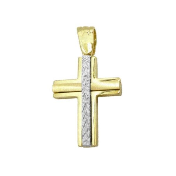 Βαπτιστικός Δίχρωμος Σταυρός διπλής όψης unisex σε λευκό και κίτρινο χρυσό Κ14