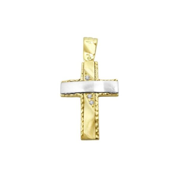 Βαπτιστικός Δίχρωμος Σταυρός διπλής όψης γυναικείος σε λευκό και κίτρινο χρυσό Κ14 με λευκά ζιργκόν