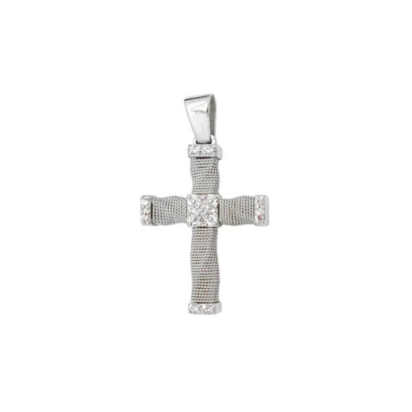 Βαπτιστικός Δίχρωμος Σταυρός γυναικείος χειροποίητος συρμάτινος σε λευκό χρυσό Κ14 με λευκά ζιργκόν