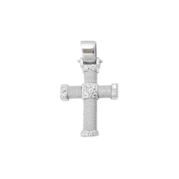 Γυναικείος Βαπτιστικός Σταυρός χειροποίητος συρμάτινος σε λευκό χρυσό Κ14 με λευκά ζιργκόν