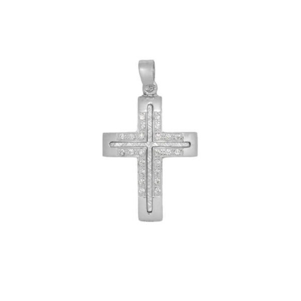 GK13520013l Βαπτιστικός Σταυρός λουστρέ απο λευκό χρυσό Κ14 με λευκά ζιργκόν