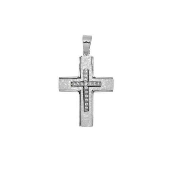 GK13520014l Βαπτιστικός Σταυρός ζαγρέ απο λευκό χρυσό Κ14 με λευκά ζιργκόν