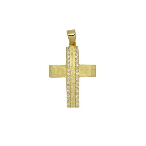 Βαπτιστικός Σταυρός ζαγρέ απο κίτρινο χρυσό Κ14 με λευκά ζιργκόν
