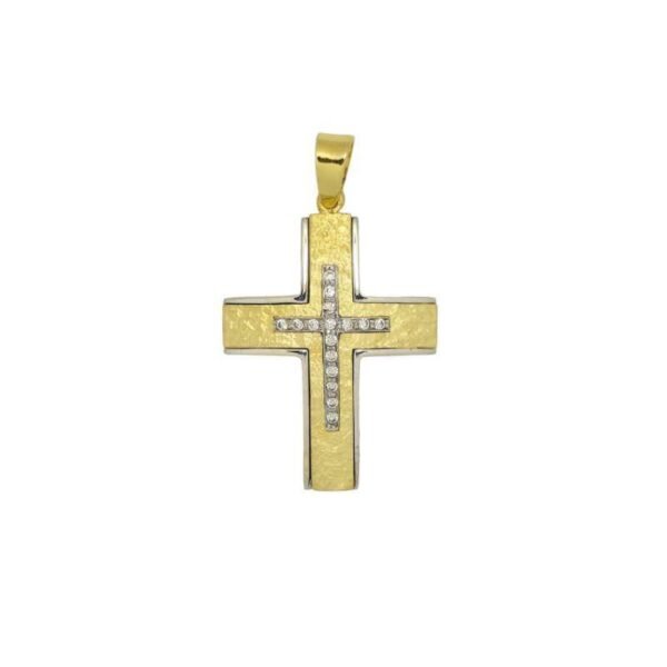 Βαπτιστικός Σταυρός απο κίτρινο χρυσό Κ14 με λευκά ζιργκόν