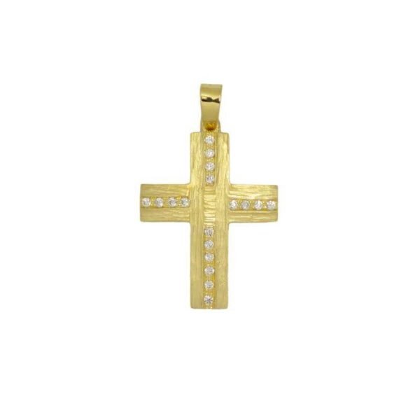 Βαπτιστικός Σταυρός απο κίτρινο χρυσό Κ14 με λευκά ζιργκόν