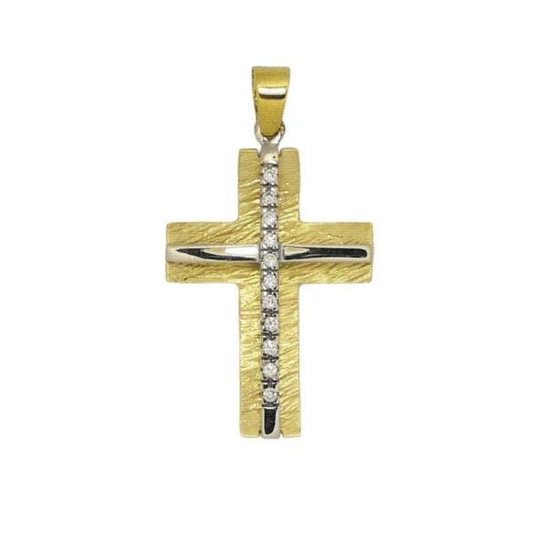 Βαπτιστικός Σταυρός απο κίτρινο χρυσό Κ14 ζαγρέ με λευκά ζιργκόν