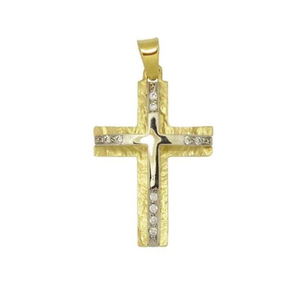 Βαπτιστικός Σταυρός απο κίτρινο χρυσό Κ14 με λευκά ζιργκόν