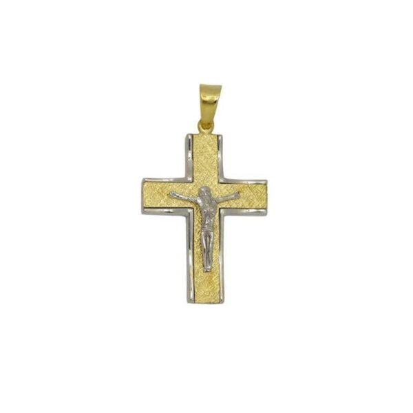 Βαπτιστικός Σταυρός δίπλής όψης απο κίτρινο χρυσό Κ14 με εσταυρωμένο