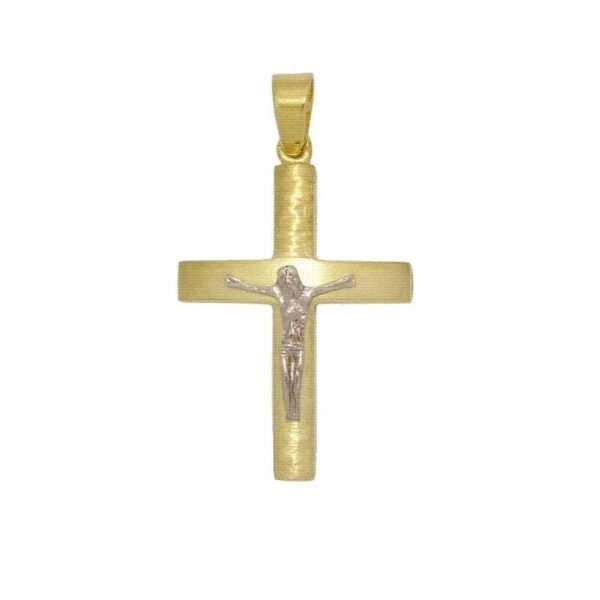 Βαπτιστικός Σταυρός διπλής από κίτρινο χρυσό Κ14 με εσταυρωμένο