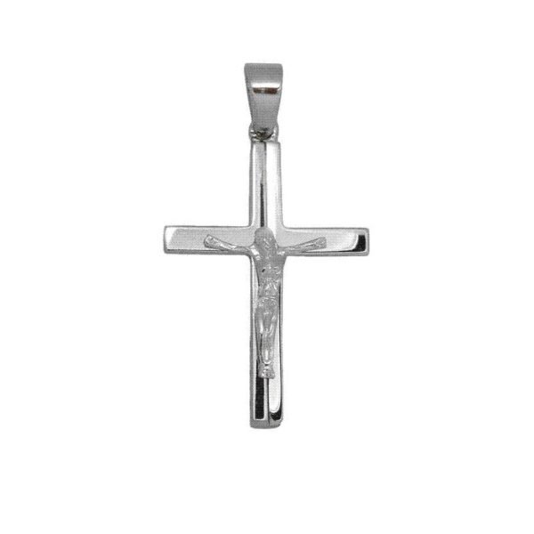 GK13540045l Βαπτιστικός Σταυρός δίπλής όψης απο λευκό χρυσό Κ14 με εσταυρωμένο