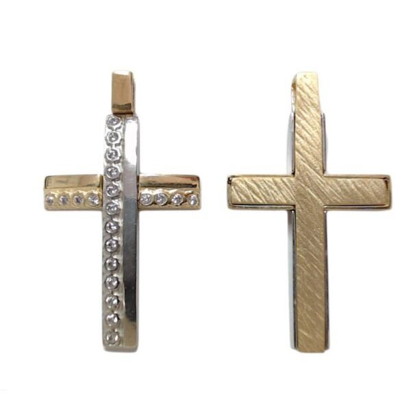 Βαπτιστικός Σταυρός δίχρωμος χρυσός ζαγρέ Κ14 με λευκά ζιργκόν