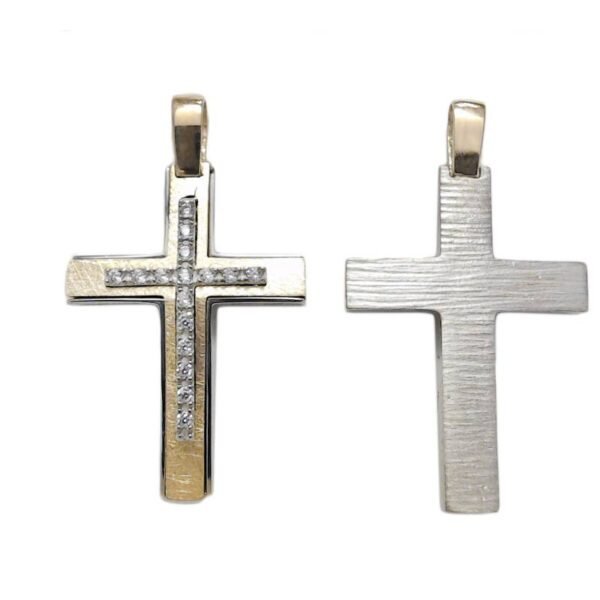 Βαπτιστικός Σταυρός δίχρωμος χρυσός ζαγρέ μάτ Κ14 με λευκά ζιργκόν