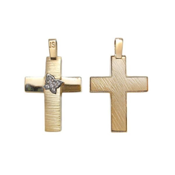 Βαπτιστικός Σταυρός δίχρωμος χρυσός ζαγρέ Κ14 με λευκά ζιργκόν