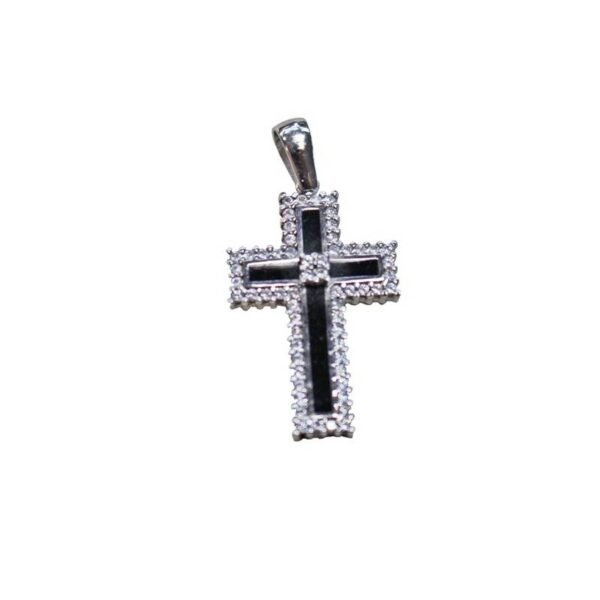 Σταυρός γυναικείος σε λευκό χρυσό Κ14 με λευκά ζιργκόν και σμάλτο