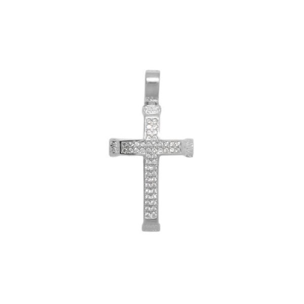 Σταυρός ανάγλυφος χτιστικός απο λευκό χρυσό Κ14 με λευκά ζιργκόν