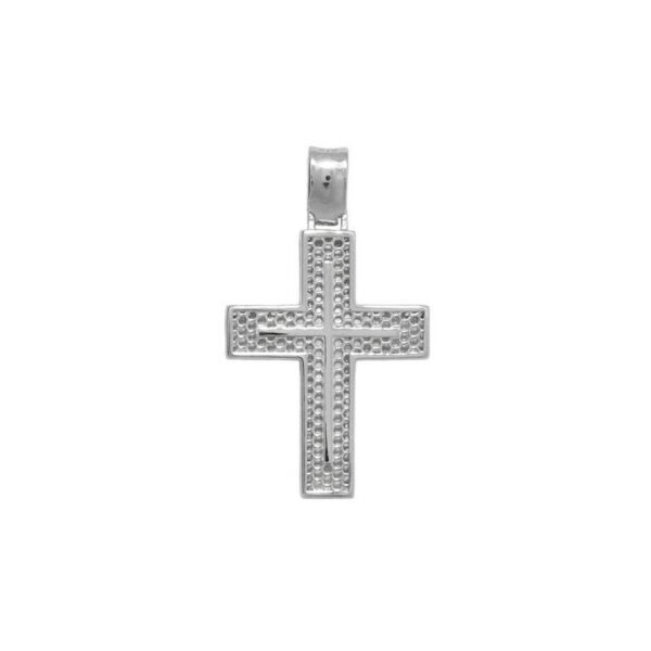 Σταυρός ανάγλυφος χτιστικός σε λευκό χρυσό Κ14 διπλής όψης με λευκά ζιργκόν