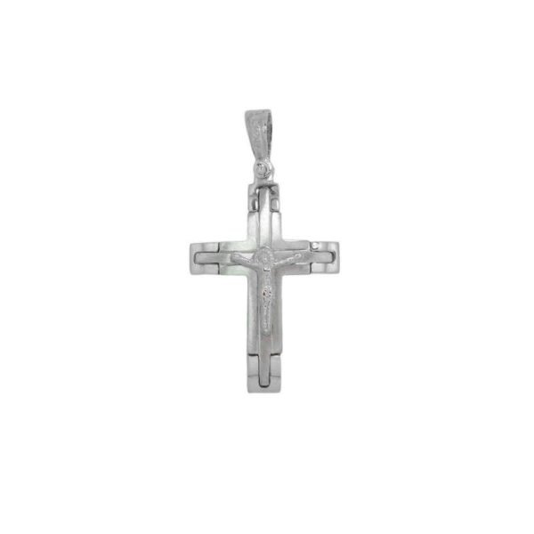 GK2520001 Βαπτιστικός Σταυρός με λευκό χρυσό λουστρέ και λευκόχρυσο ματ σταυρουδάκι και εσταυρωμένο Κ14