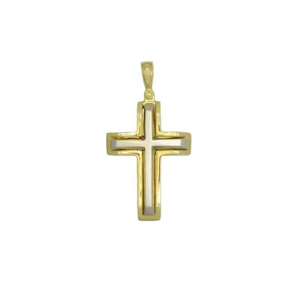 Βαπτιστικός Σταυρός δίχρωμος λουστρέ σε κίτρινο χρυσό και ματ σταυρουδάκι σε λευκό χρυσό Κ14