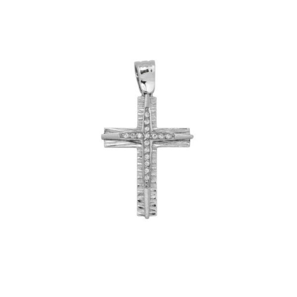 GK6520048 Βαπτιστικός Σταυρός γυναικείος ζαγρέ σε λευκό χρυσό Κ14 με λευκά ζιργκόν