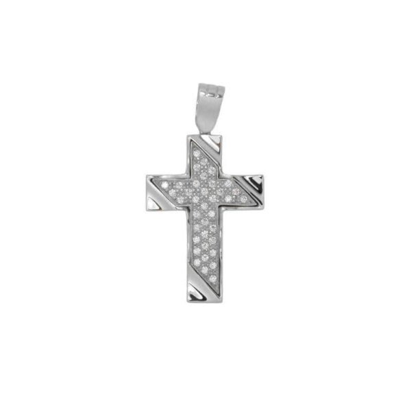 Βαπτιστικός Σταυρός γυναικείος σε λευκό χρυσό Κ14 με λευκά ζιργκόν
